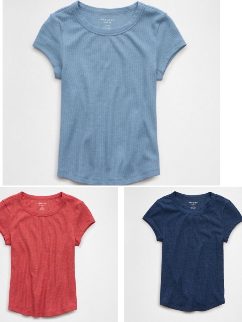 3 American Eagle Short Sleeve Ribbed Tops - Coral, Navy, Lt blue - Sz M